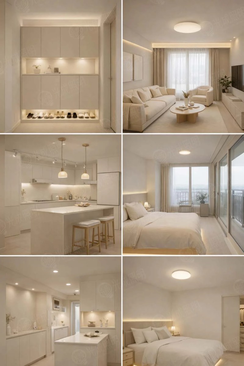 現代風格的臥室，白色牆壁和床單，柔和燈光