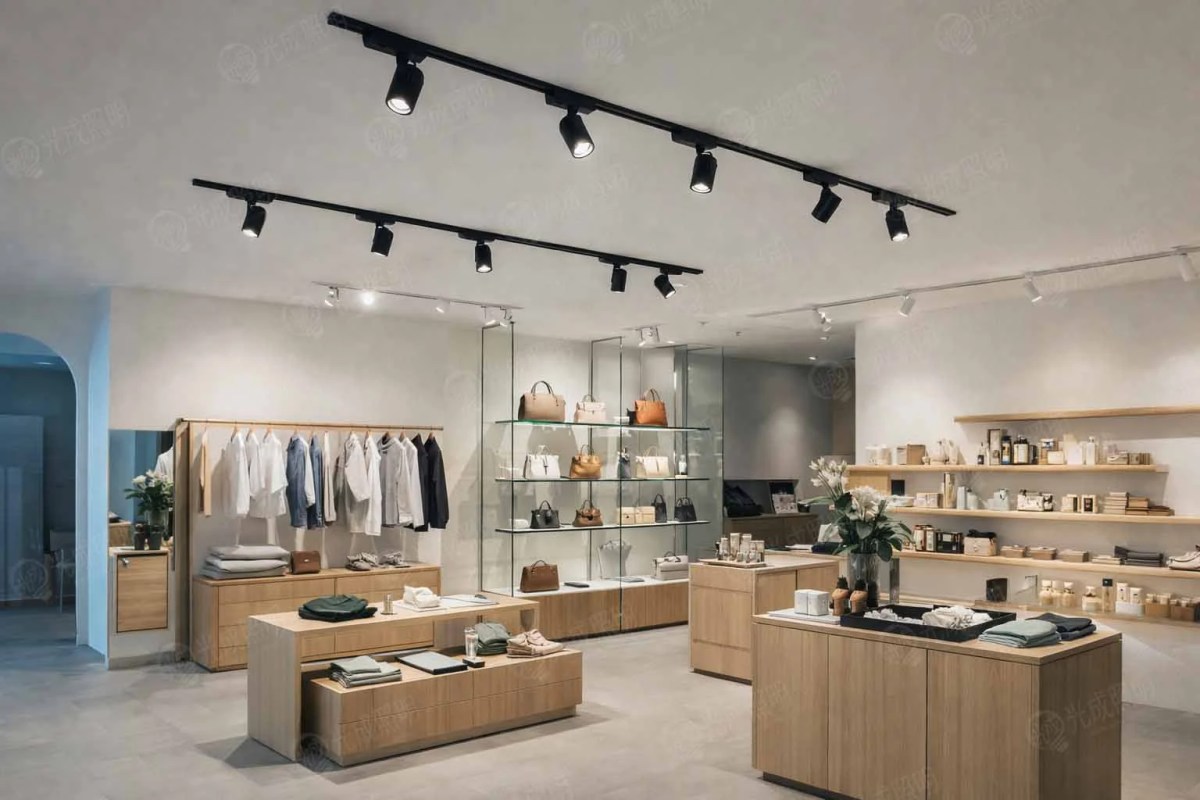 一間現代化的商店內部，展示著衣物和手提包，木製展示架和燈光設計增添了時尚感。